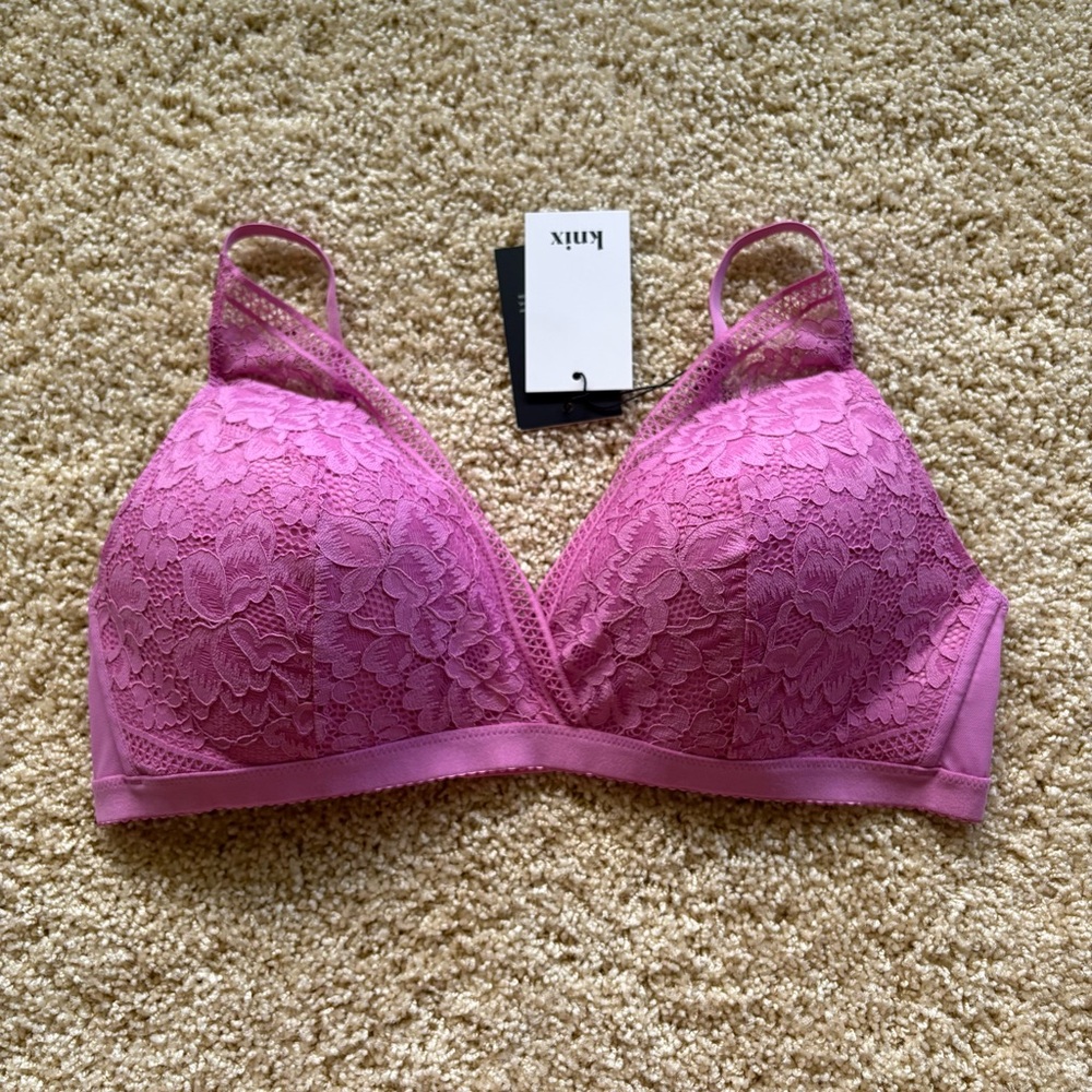 Knix Lace Deep V Bralette Pink Plum XXL Sheer Lace Wireless NWT